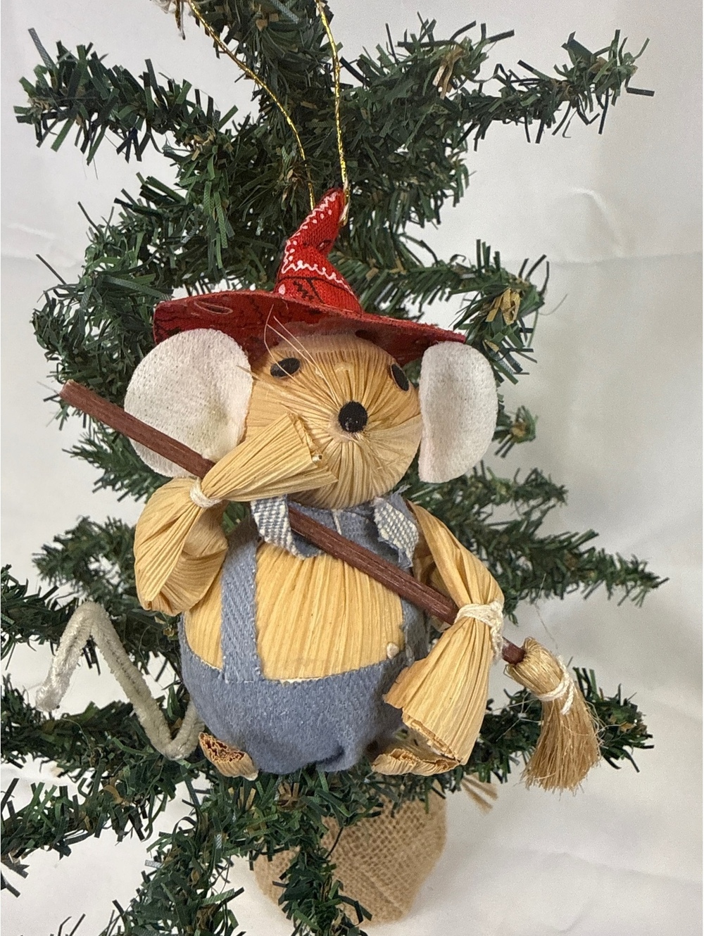 Handmade Rustic Mouse Ornament with Witch Hat and Broom
